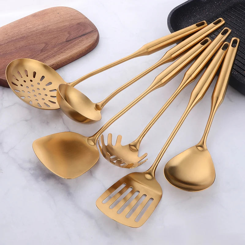 1PC Stainless Steel Cooking Tools Set Gold Soup Ladle Spoon Slotted Shovel Turner Cooking Utensils Spatula Strainer Pasta Server