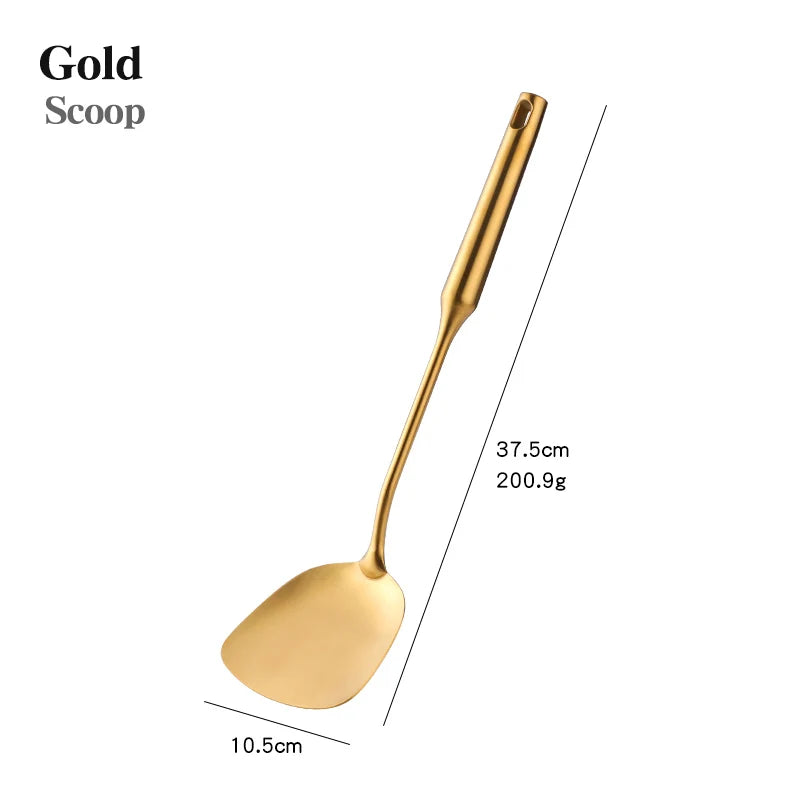 1PC Stainless Steel Cooking Tools Set Gold Soup Ladle Spoon Slotted Shovel Turner Cooking Utensils Spatula Strainer Pasta Server