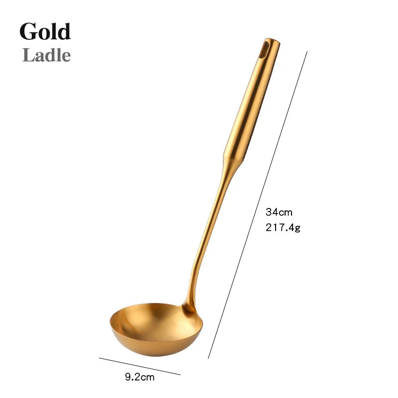 1PC Stainless Steel Cooking Tools Set Gold Soup Ladle Spoon Slotted Shovel Turner Cooking Utensils Spatula Strainer Pasta Server