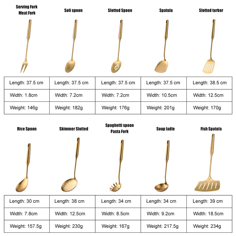 1PC Stainless Steel Cooking Tools Set Gold Soup Ladle Spoon Slotted Shovel Turner Cooking Utensils Spatula Strainer Pasta Server