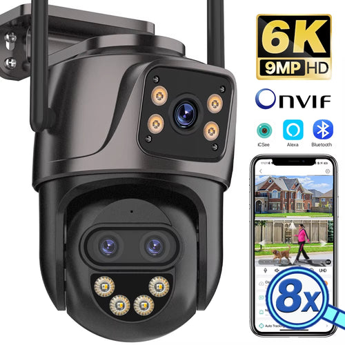 6K 9MP HD IP Camera Outdoor Three-Lens External Wifi Camera 4K/2K Dual Screen Security PTZ Cam Auto Tracking Surveillance Icsee