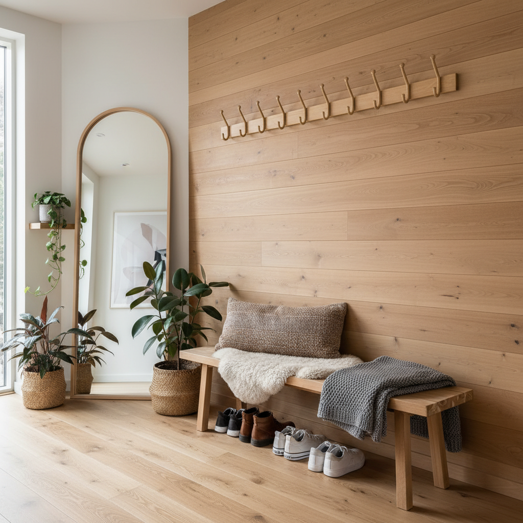 Entrée scandinave porte-manteau bois - Intérieur cosy nordique