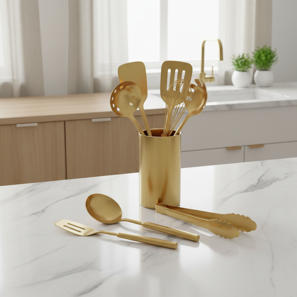 Ustensiles cuisine acier inoxydable doré luxe - Accessoires nordiques premium