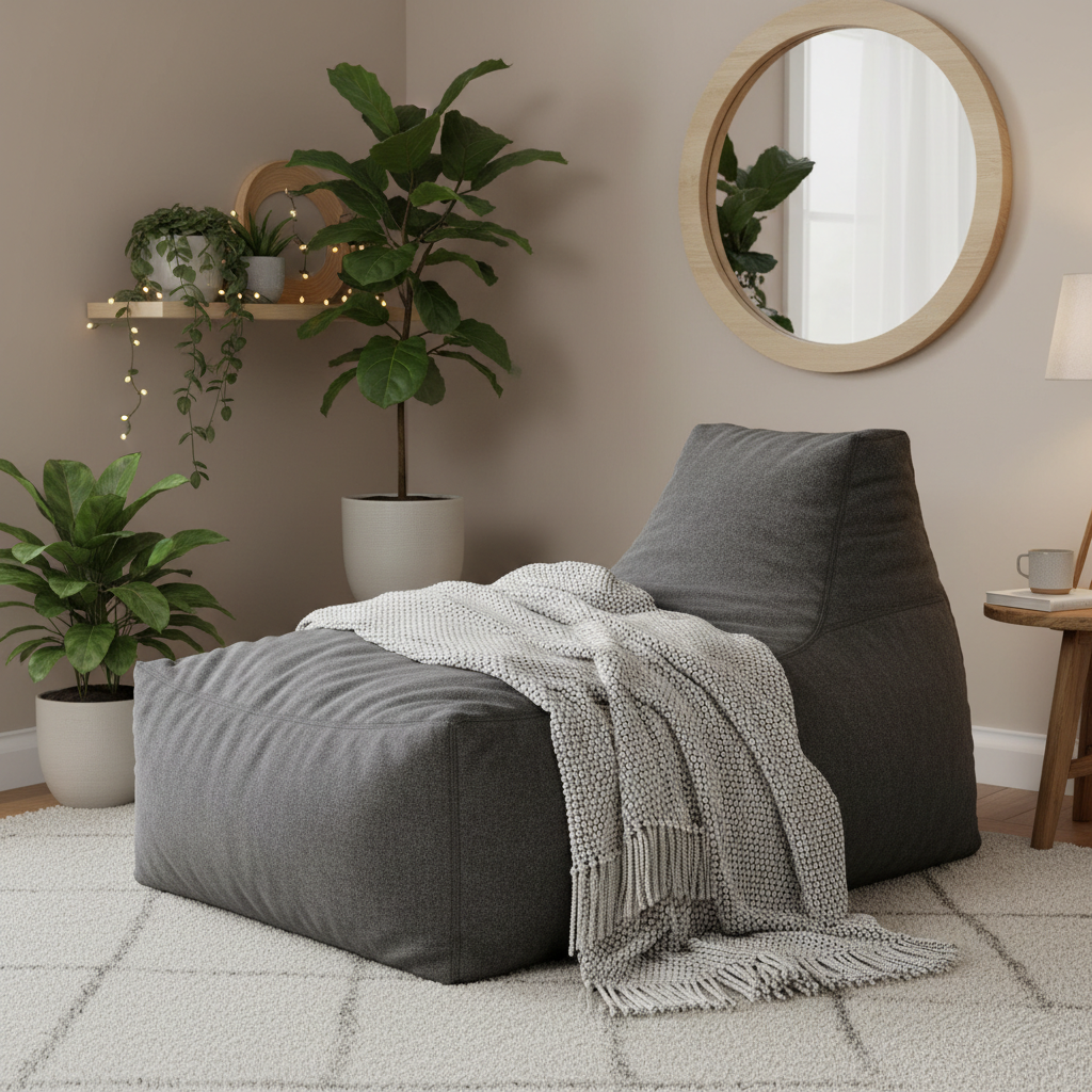 Bean bag XXL chambre scandinave plantes - Déco minimaliste cosy