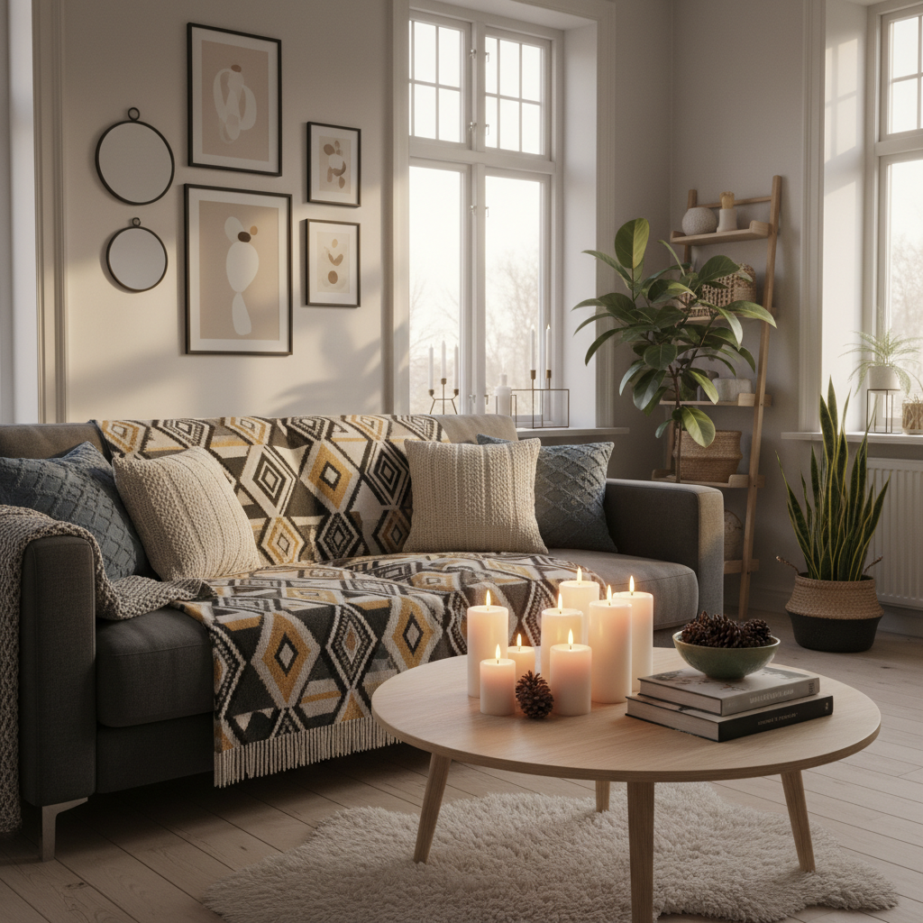 Salon scandinave cosy avec plaid nordique - Ambiance chaleureuse