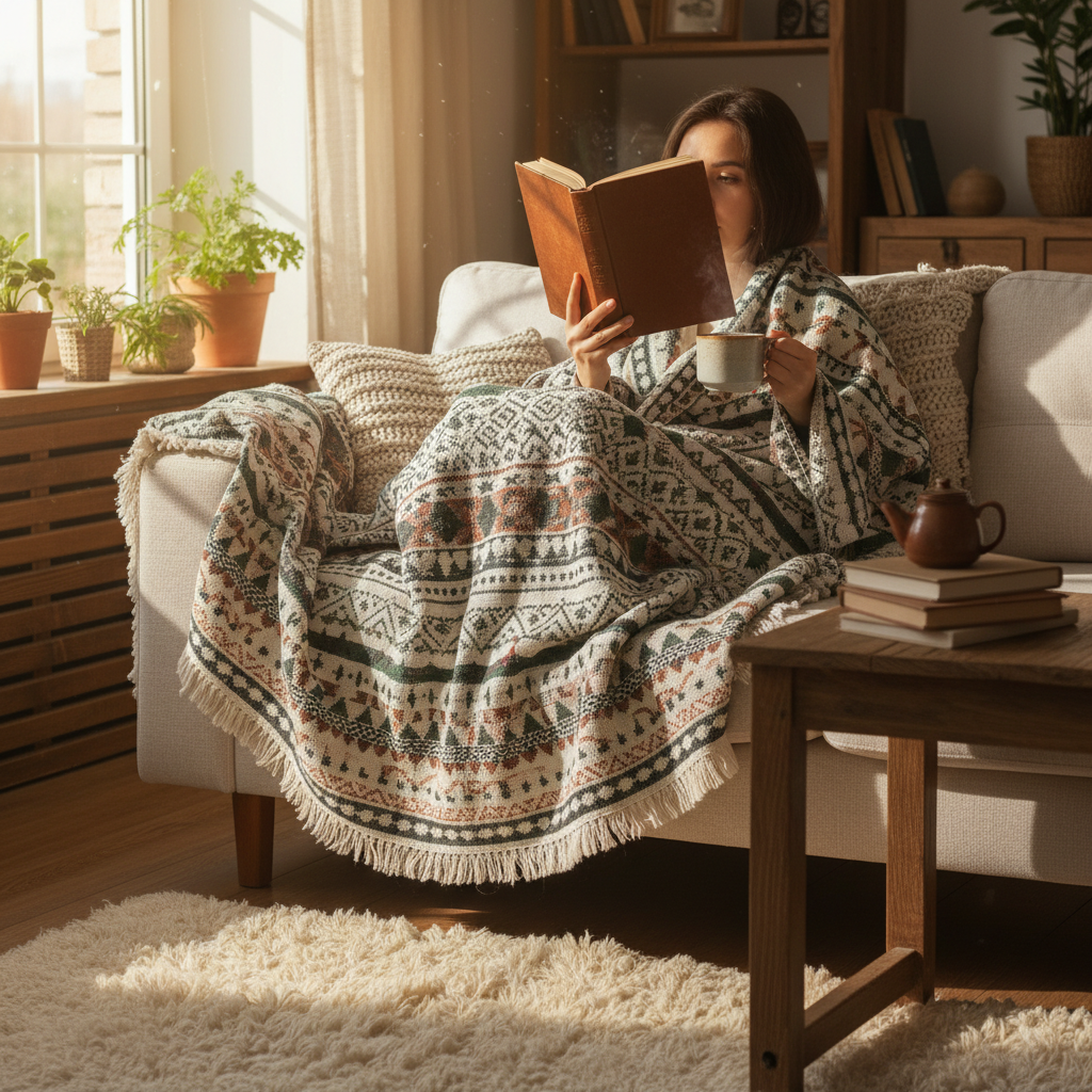 Moment cocooning plaid nordique livre thé - Style hygge