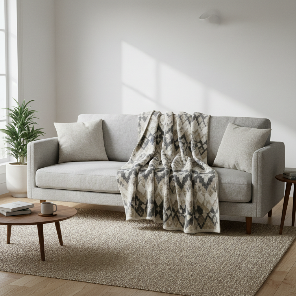 Plaid nordique géométrique sur canapé scandinave - Déco hygge