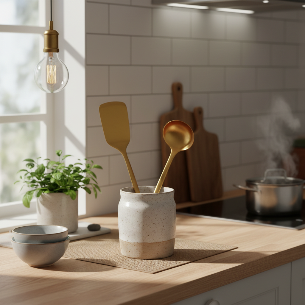 Spatule louche dorée cuisine scandinave - Élégance minimaliste