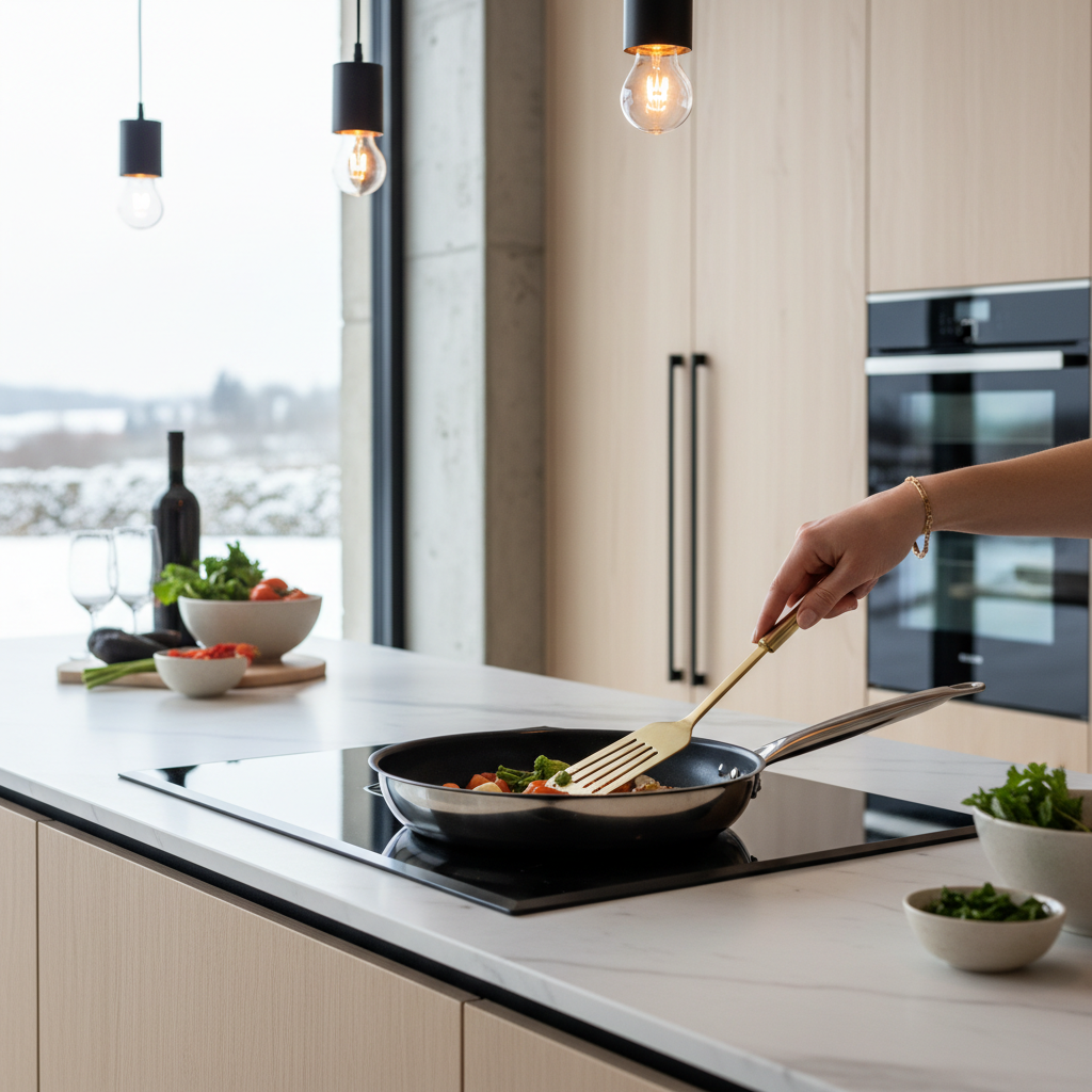 Utilisation ustensile doré cuisine moderne - Lifestyle premium nordique