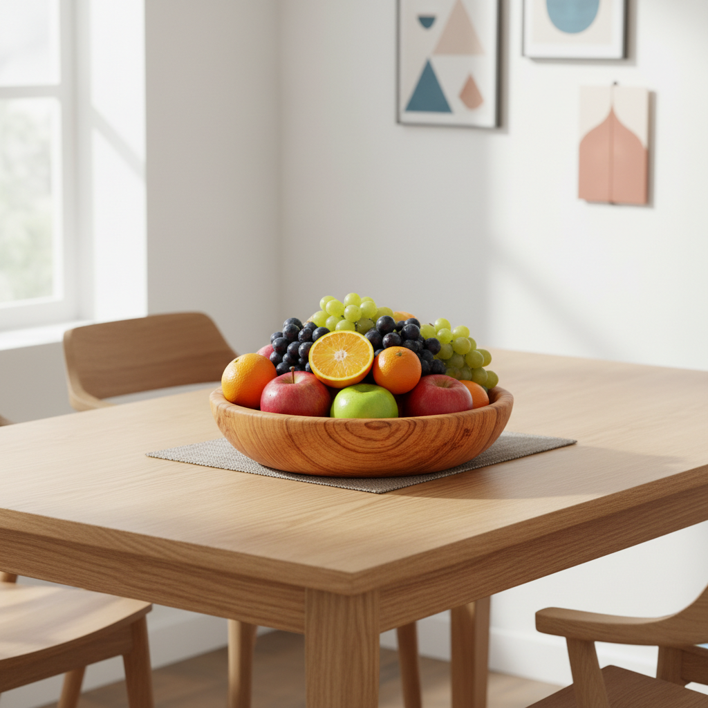 Bol en bois naturel japonais rempli de fruits frais sur table scandinave - Décoration cuisine nordique