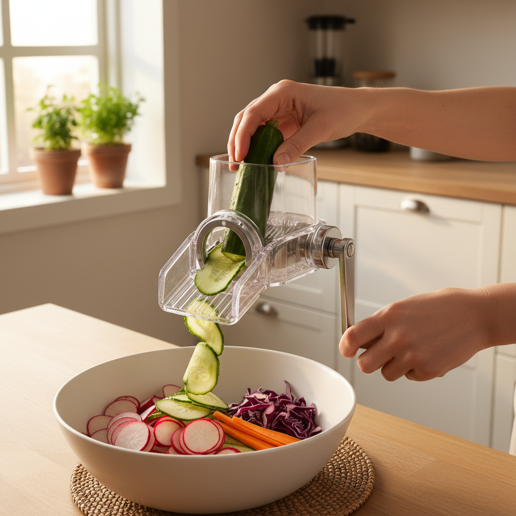 Utilisation mandoline préparation salade - Cuisine minimaliste